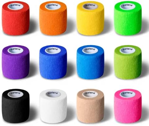 Metene Self Adhesive Bandage Wrap 12 Pack, Athletic Tape 2 Inches X 5 Yards, Sports Tape, Breathable, Waterproof, Elastic Bandage for Sports, Wrist and Ankle Wrap Tape, Non-Woven Bandage (Rainbow)