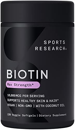 Sports Research Vegan Biotin 10,000mcg with Coconut Oil - Max Strength Biotin Vitamin B7 for Skin and Keratin Support - Non-GMO & Gluten Free, 120 Softgels (4 Month Supply)