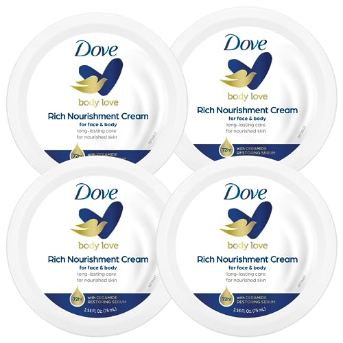 Dove Nourishing Body Care, Face, Hand, and Body Rich Nourishment Cream for Extra Dry Skin with 48-Hour Moisturization, 4-Pack, 2.53 Oz Each Jar