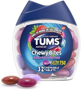 TUMS Chewy Bites Antacid Tablets for Chewable Heartburn & Acid Indigestion Relief, Assorted Berries, 32 Count