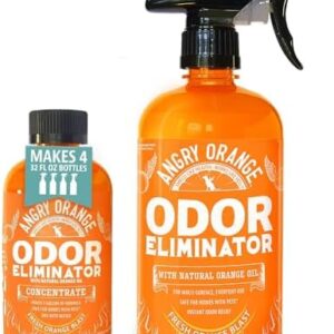 ANGRY ORANGE Pet Urine Odor Eliminator - Pack of 2 Citrus Deodorizers for Strong Dog or Cat Urine Smells on Carpet, Furniture & Floors - 24 oz Spray & 8 oz Concentrate - Puppy Supplies