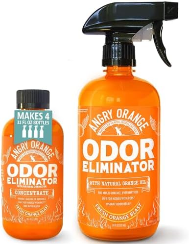 ANGRY ORANGE Pet Urine Odor Eliminator - Pack of 2 Citrus Deodorizers for Strong Dog or Cat Urine Smells on Carpet, Furniture & Floors - 24 oz Spray & 8 oz Concentrate - Puppy Supplies