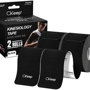 CKeep Kinesiology Tape (2 Rolls), Original Cotton Elastic Premium Athletic Tape,33 ft 40 Precut Strips in Total,Hypoallergenic and Waterproof K Tape for Muscle Pain Relief and Joint Support,Black