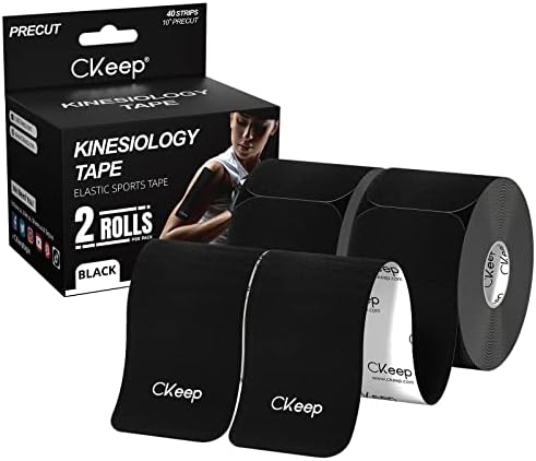 CKeep Kinesiology Tape (2 Rolls), Original Cotton Elastic Premium Athletic Tape,33 ft 40 Precut Strips in Total,Hypoallergenic and Waterproof K Tape for Muscle Pain Relief and Joint Support,Black