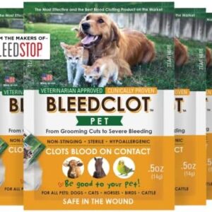 BleedClot Pet First Aid Blood Clotting Powder | The Best for All Animals to Stop Bleeding, Guaranteed | for Minor Cuts and Severe Arterial Bleeding | from The Makers of BleedStop (4 Pouches (0.5 oz))