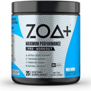 ZOA+ Zero Sugar Pre Workout Powder Wild Berry - 5-in-1 Advanced Formula with Creatine, Beta Alanine, Ginkgo Biloba, Electrolytes, 200mg Caffeine - NSF Certified Sport - 25 Servings