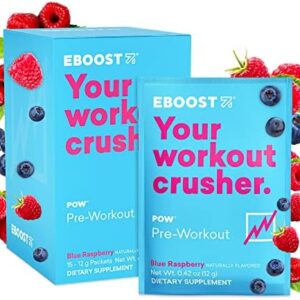 EBOOST POW Natural Pre Workout Powder – 15 Packets - Blue Raspberry - A Pre Workout Supplement for Performance, Joint Mobility Support, Energy, Focus - Men & Women - Non-GMO, Gluten-Free, No Creatine