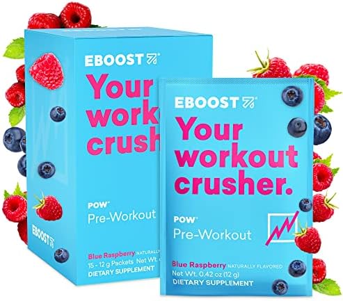 EBOOST POW Natural Pre Workout Powder – 15 Packets - Blue Raspberry - A Pre Workout Supplement for Performance, Joint Mobility Support, Energy, Focus - Men & Women - Non-GMO, Gluten-Free, No Creatine