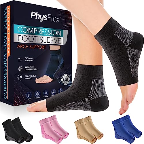 PhysFlex Compression Socks for Plantar Fasciitis, Achilles Tendonitis Relief - Ankle Compression Sleeve for Heel Spurs, Foot Swelling, Fatigue & Sprain - Arch Support Brace for Work, Gym, Sports