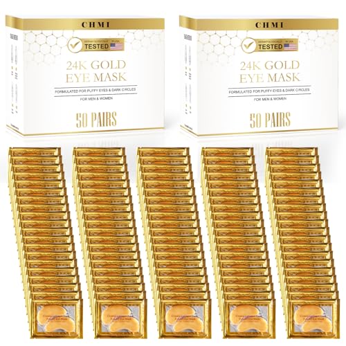 CHMI Under Eye Patches (100 Pairs) - 24K Gold Eye Patches for Puffy Eyes, Dark Circles, Eye Bags and Wrinkles, Collagen Skin Care Products, Beauty & Personal Care