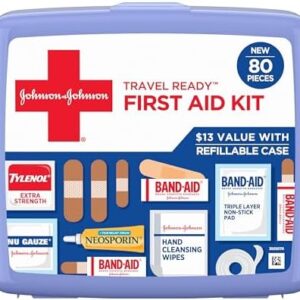 Band-Aid Travel Ready Portable Emergency First Aid Kit for Minor Wound Care with Assorted Adhesive Bandages, Gauze Pads & More, Ideal for Travel, Car & On-The-Go, 80 pc