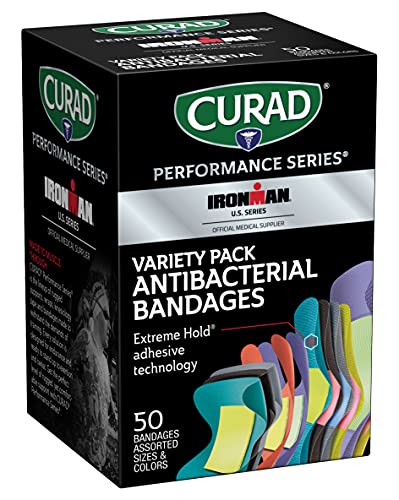 CURAD Performance Series Ironman Antibacterial Bandages, Extreme Hold Adhesive Technology, Finger & Knuckle Bandages, Flexible Fabric, Variety Pack with Assorted Sizes & Colors, 50 Count