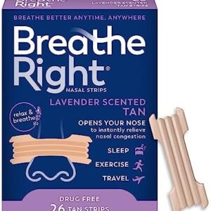 Breathe Right Nasal Strips Lavender Scent Extra Strength Tan Nasal Strips Help Stop Snoring Drug-Free Snoring Solution & Nasal Congestion Relief Caused By Colds & Allergies 26ct (packaging may vary)