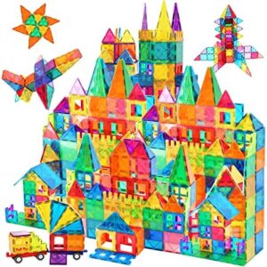 AFUNX 130 PCS Magnetic Tiles Building Blocks 3D Clear Construction Playboards, Inspiration, Creativity Beyond Imagination, Educational Magnet Toy Set for Kids with 2 Cars