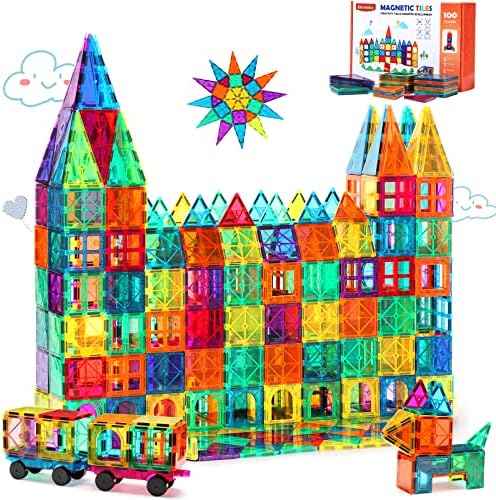 Gemmicc Magnetic Tiles Building Blocks for Kids, STEM Approved Educational Toys,3D Magnet Puzzles Stacking Blocks for Boys Girls,100 PCS Advanced Set with 2 Cars